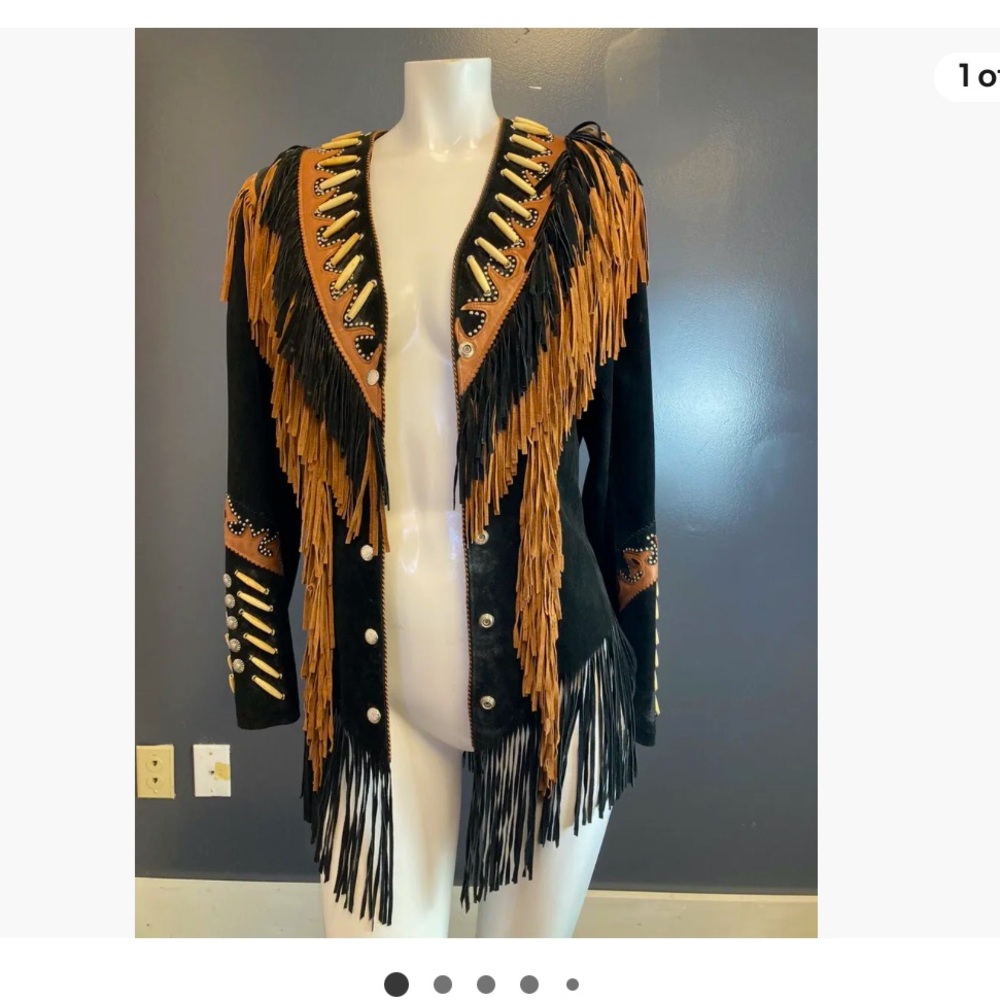 Black fringe leather and bone jacket, poshfest jacket